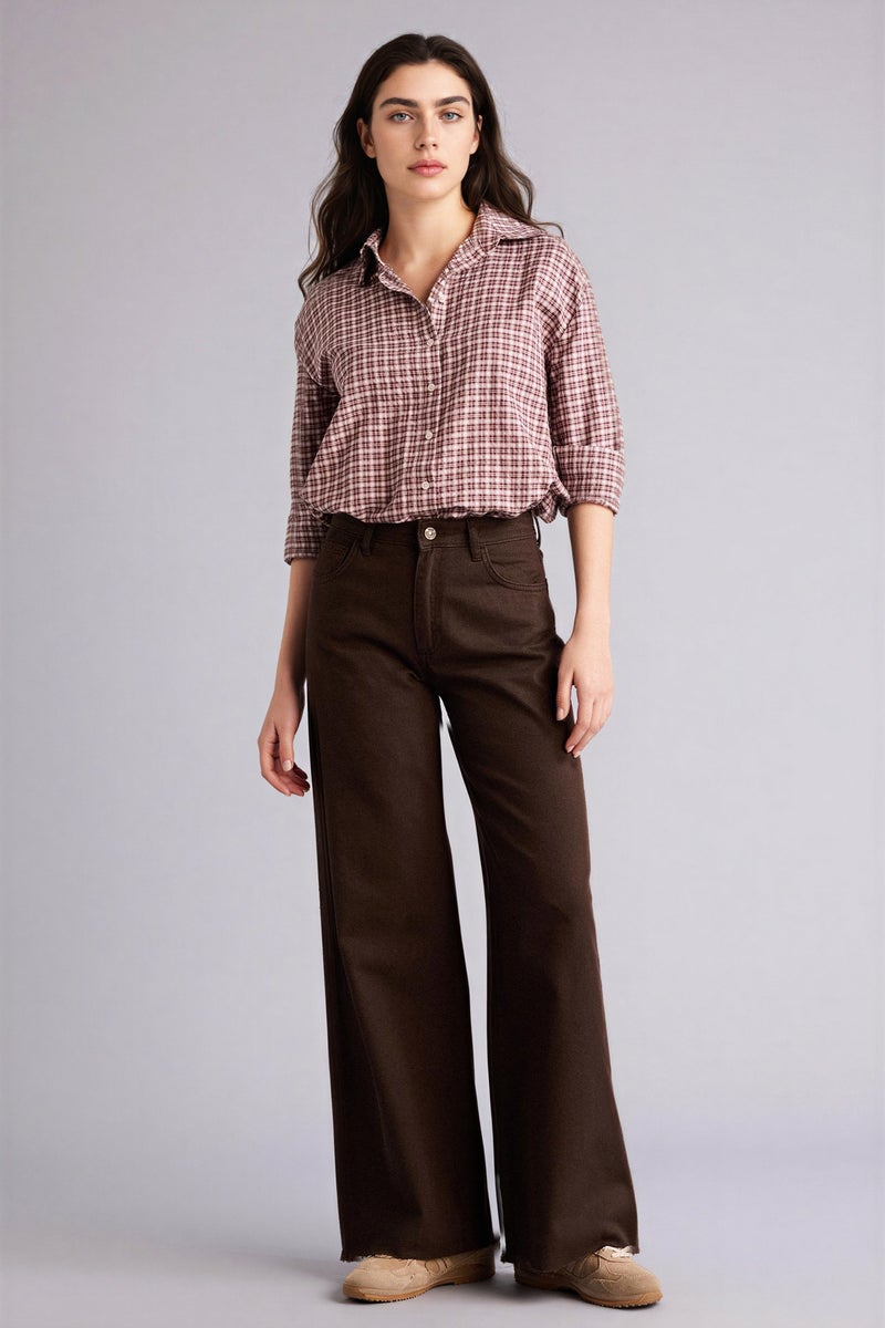 DeFacto Brown Woman Cotton Wide Leg Normal Waist Gabardine Trousers Casual - Image 2